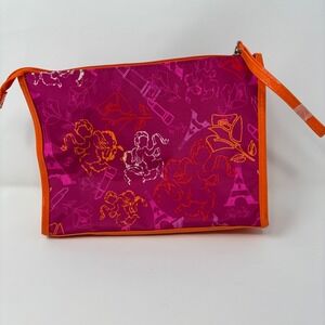 VTG New Lancôme Women's Makeup Bag Travel Case Pink & Orange Border Eiffel Tower